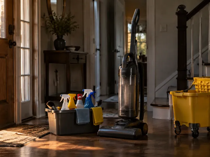 Detailing brushes, folded microfiber towels, spray bottles and a shop vacuum laid out in rows on a clean garage floor before a job