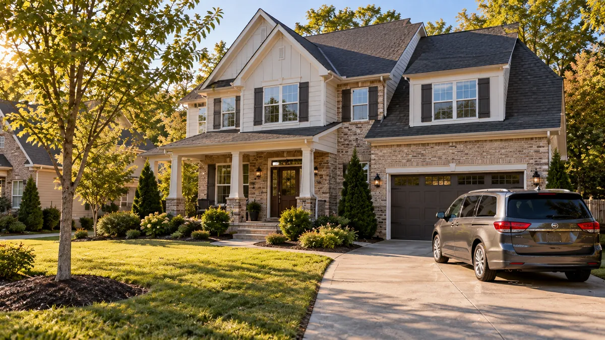 Wide exterior of a two-story house on a clear afternoon, every front window clean and catching the light, a freshly washed minivan on the driveway