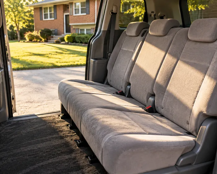Minivan rear bench seat after shampooing, clean and evenly colored