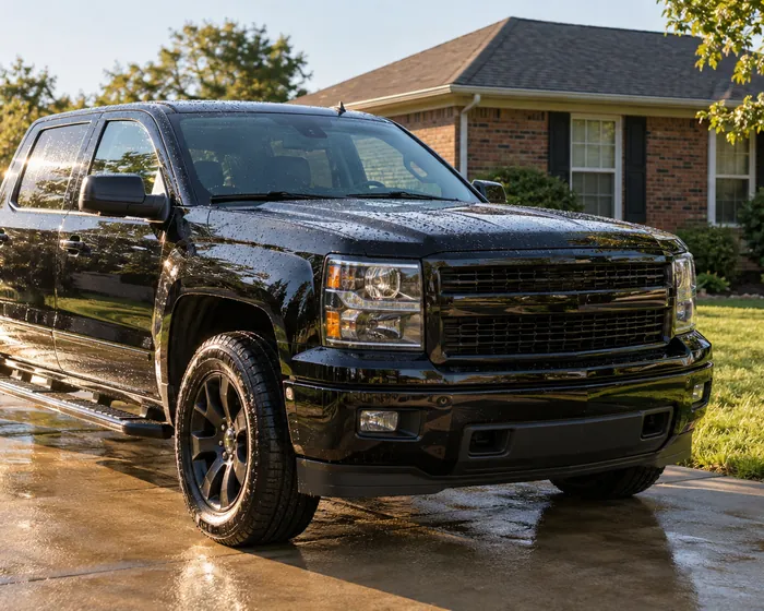 Dark pickup truck washed and waxed, water beading on the hood