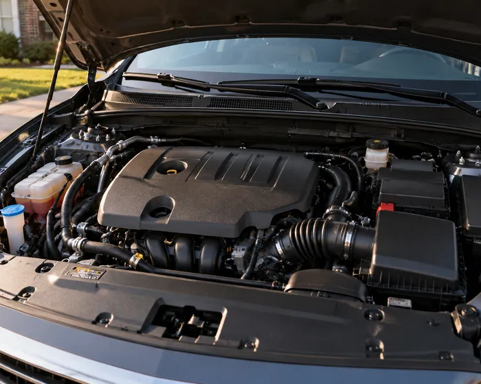 Detailed engine bay with wiped covers and clean hoses