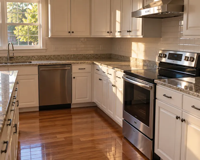 Kitchen after a deep clean with a scrubbed stovetop and wiped cabinets