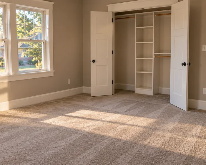 Empty bedroom after a move-out clean with vacuumed carpet