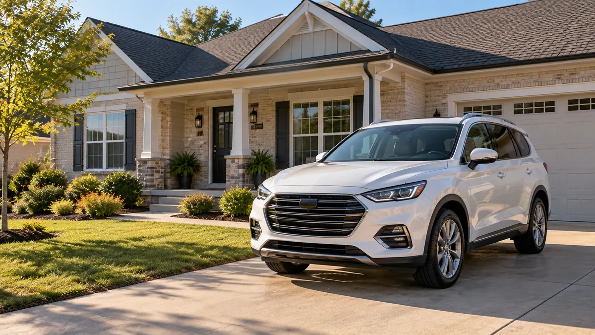 A single-story home in bright midday light with a freshly detailed white SUV on the driveway, the front porch swept and the front windows streak-free